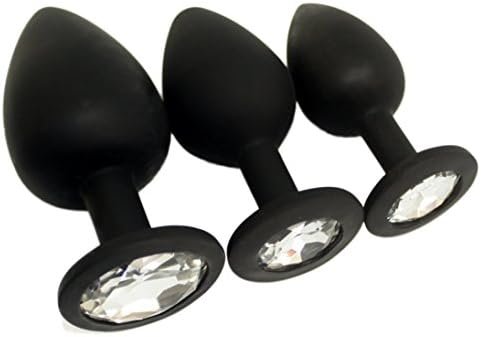 Eastern Delights Elite 3Pcs Silicone Jeweled Anal Butt Plugs Anal Trainer Set, Black Sil With Clear Gem