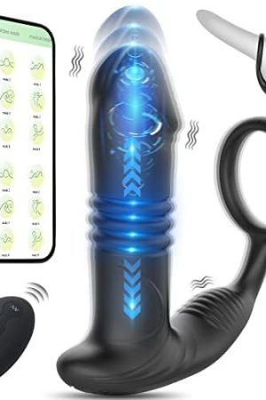Thrusting Anal Butt Plug Vibrator With Cock Ring, Male Prostate Massager G Spot Dildo Stimulator With 9 Speeds, App & Remote Control Anal Sex Toys For Men Women Couples Black