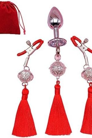 Bell Tassel Nipple Clips With Anal Butt Plug Adjustable Non Piercing Breast Nipple Clamps Anal Plug Body Accessories Jewelry (Black)