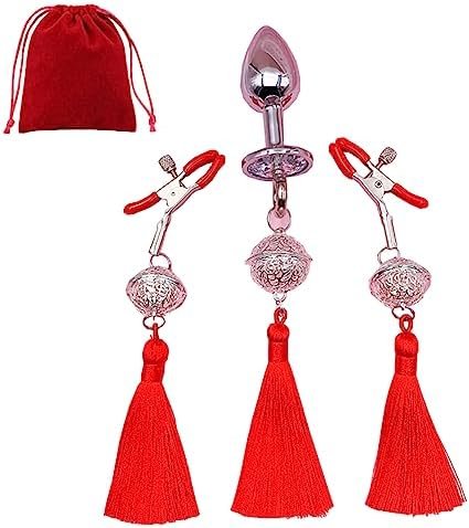 Bell Tassel Nipple Clips With Anal Butt Plug Adjustable Non Piercing Breast Nipple Clamps Anal Plug Body Accessories Jewelry (Black)