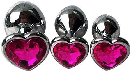 Sexysamba 3 Pcs Anal Plug Set, Heart Shaped Metal Anal Sex Trainer Jeweled Butt Plugs Toy For Beginners, Rose Red
