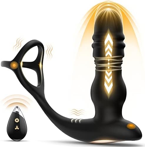 Prostate Massager Thrusting Anal Plug Vibrator - 4In1 Male Sex Toys For Men With 7 Thrusting & 7 Vibrating Butt Plug & Cock Ring & Remote Control, G-Spot Vibrators Dildo Anal Adult Toys For Men Couple