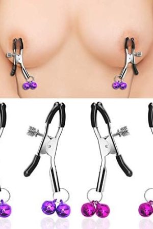Sexy Slave Adjustable Nipple Clamps - Soft Rubber Metal Nipple Clamps With Two Bells, Fetish Breast Clit Sensual Bondage Two Nipple Clips(2 Pack, Purple And Rose Pink)