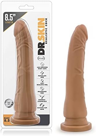 Blush Dr Skin - 8.5 Inch Long Real Feel Soft Realistic Dildo - Slim 1.5 Inch Width - Strap On Harness Compatible Suction Cup For Hands Free Play - Body Safe Adult Sex Toy For Women Men Couples - Mocha