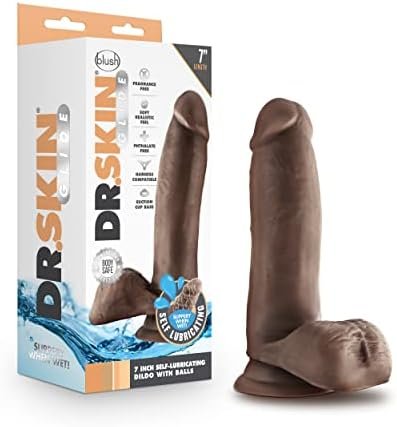 Dr. Skin Glide 7 Inch Self Lubricating Dildo With Balls Suction Cup Harness Compatible Body Safe Realistic Look And Feel Sex Toy For Her Him Couples Chocolate