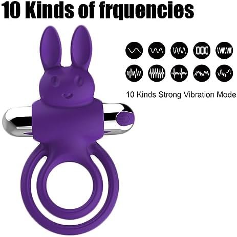 Rechargeable Soft Silicone Rabbit Vibrating Cock Ring With 10 Powerful Vibration Modes Waterproof Penis Ring Vibrator Adult Sex Toys For Men (Purple) - Image 2