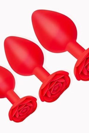 Jannsk 3 X Silicone Plug | Rose Base | Silicone Butt Plug Training Set | Dilator Butt Plug | Pure Pleasure In Three Sizes | Plug Set (Red)