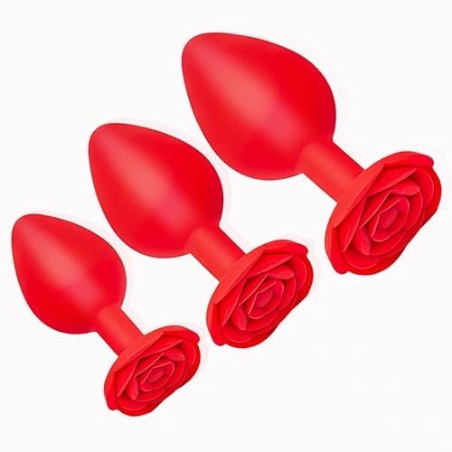 Jannsk 3 X Silicone Plug | Rose Base | Silicone Butt Plug Training Set | Dilator Butt Plug | Pure Pleasure In Three Sizes | Plug Set (Red)