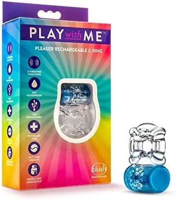 Play With Me Pleaser Rechargeable Vibrating C Ring - 5 Vibration Modes - Stretchy To Fit All Penises - Soft Ticklers Stimulate Clitoris - Sexual Enhancer For Couples Men - Stay Harder, Longer - Blue