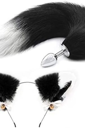 Akstore Fox Tail Anal Butt Plug Sex Toys For Sm & Cospaly (Black-White + Ear)