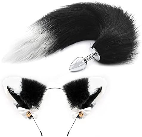 Akstore Fox Tail Anal Butt Plug Sex Toys For Sm & Cospaly (Black-White + Ear)
