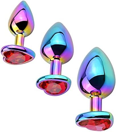 Anal Plugs 3Pcs Anal Trainer Set Colorful Metal Butt Plug Heart Shape Jewelry Anal Sex Toys For Beginners Advanced Users Sex Factory (Dark Purple)