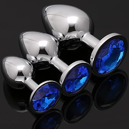 Akstore 3 Piece Luxury Jewelry Design Fetish Stainless Steel Anal Butt Plug With Penis Condom, Blue, 10.4 Ounce - Image 2