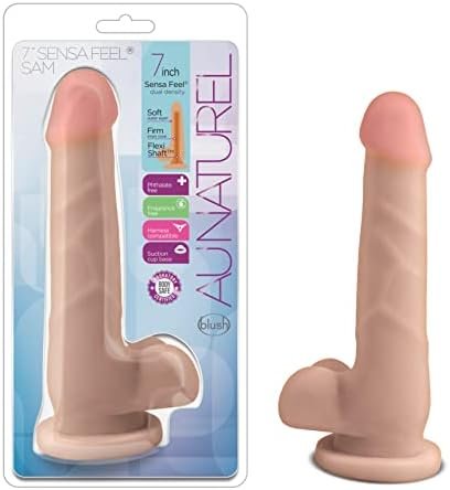 Blush Au Naturel - 7 Inch Ultra Soft Realistic Sensa Feel Dual Density Dildo - Posable - Harness Compatible Suction Cup For Hands Free Play - 1.5" Slim Sex Toy For Beginners Women Men Couples - Beige