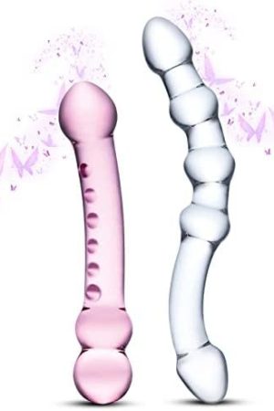 Asnoknae 2-Piece Crystal Pink And Clear Glass Dildo Set - Double-Ended Curved Anal Plug And Beads With Handles For Easy G-Spot And P-Spot Stimulation - Sex Toys For Adult Men And Women