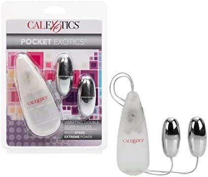 Calexotics Pocket Exotics Wired Remote Double Bullet Vibrator - Sex Toys For Couples - Adult Vibe Eggs Massager - Silver