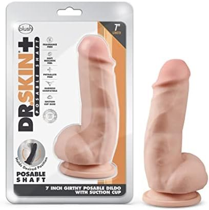 Blush Dr Skin Plus 7 Inch Girthy Posable Dildo - Suction Cup O Ring Strap On Harness Compatible - Realistic Medium Dildo Sex Toy For Women Men Couples - Vanilla