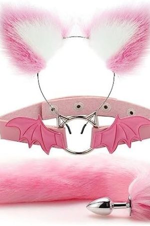 Fox Animal Costume Set Furry Ear Headband Fox Tail Bell Anal Plug-Animal Sexual Anus Bat Leather Choker Necklace Valentines Day Cosplay