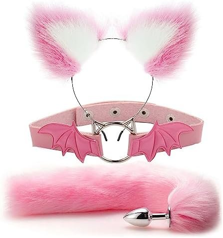 Fox Animal Costume Set Furry Ear Headband Fox Tail Bell Anal Plug-Animal Sexual Anus Bat Leather Choker Necklace Valentines Day Cosplay