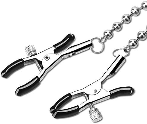 Sexy Slave Adjustable Nipple Clamps - Silver Beaded Nipple Clamps With Link Chain, Soft Rubber Metal Nipple Clamps Fetish Nipple Teasers Sensual Bondage
