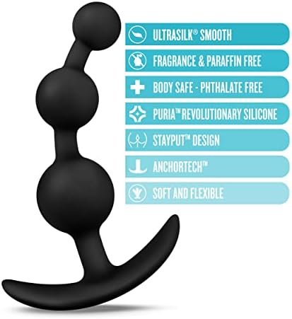 Blush Anal Adventures Platinum - Small Anal Beads Butt Plug - Soft Platinum Puria Silicone - Ultrasilk Smooth - Anchortech Design Stays Comfortably Securely In Place - Sex Toy For Men Women - Black - Image 2