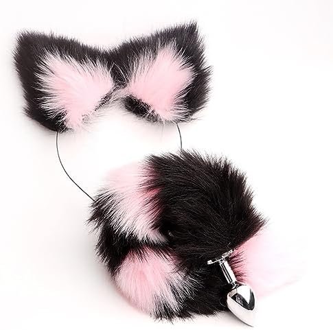 Fox Anal Plug Set Faux Fur Cat Wolf Tail Anal Plug Tail Choker Nipple Clamps Anal Butt Plug Set Adults Plush Tail Cosplay Costume For Women Sex Pleasure Black Pink Butt Plug Tail - Image 2