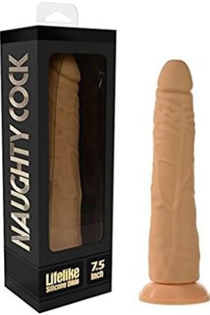 Naughty Realistic Silicone Dildo With Suction Cup, Adult Sex Toy, Slim, Beginner, Black, 7.5"