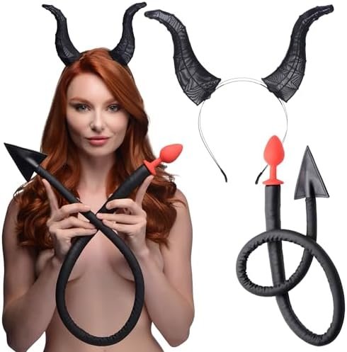 Tailz Devil Butt Plug Tail And Horns Set, Silicone Plug Tail And Devil Horns Set For Men, Women, Adult Couples, Tapered Anal Plug And Horn Headband, One Size, Red, And Black, 1 Devil Set