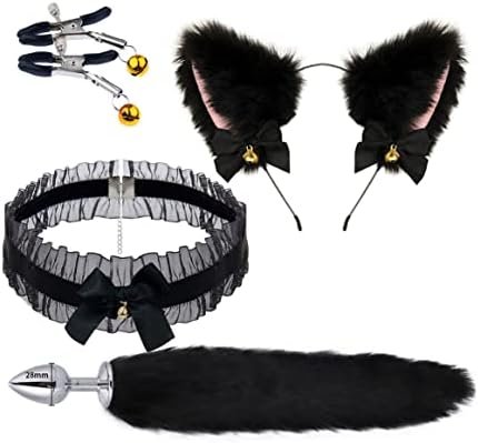 Costume Accessory Set Adults Plush Cat Ears Headband Choker Nipple Clips Anal Butt Plug Fur Tail Adult Toy Women Adult Sex Play For Sex Pleasure 4 Pcs