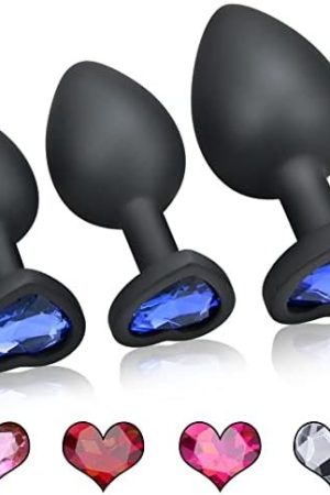 3Pcs Heart Shaped Anal Butt Plug Set With 5 Replacement Diamond Silicone Anal Trainer Butt Toys Large/Medium/Small Anal Training Kits Sex Toys For Women Men Couples Lover Personal Massager Anal Plugs