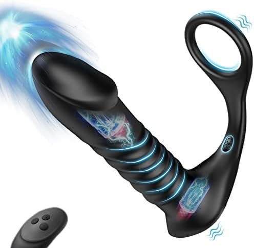 Thrusting Anal Vibrator With Thick Penis Ring, 3*10 Vibrating&Telescopic Prostate Massager Dildo Shaped Anal Plug, Tivino Silicone Male Sex Toys Gay Toy For Men Masturbation And Foreplay