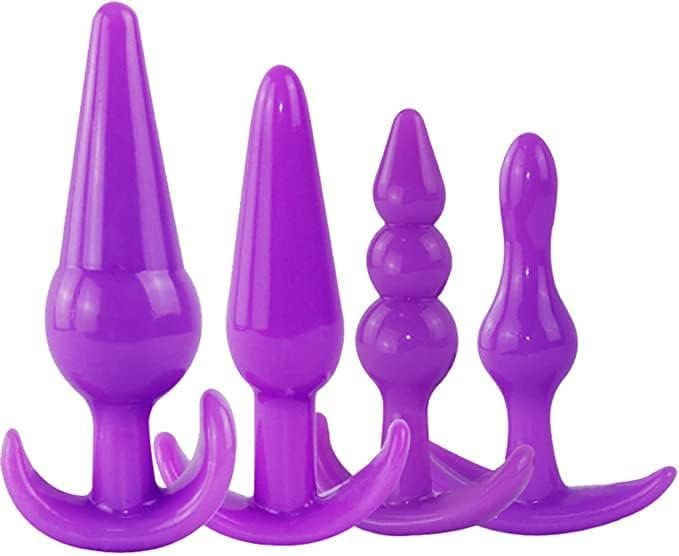 Pack Of 4 Purple Silicone Butt Plugs Training Set, Anal Sex Toys Starter Kit For Starter Beginner Men Women Couples Flared Anchor Base Prostate Waterproof
