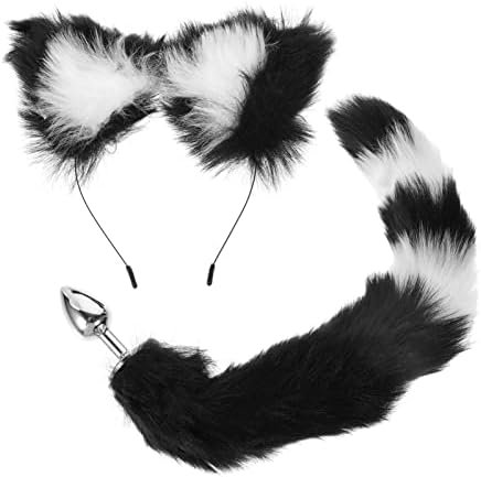 Abaodam Fox Ears And Tail Cosplay Animal Costume Set Fur Hair Clip Headdress Tail Womens Costume For Halloween Cosplay Black White