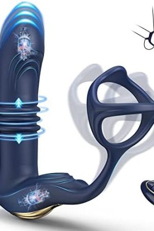 Thrusting Anal Vibrators Prostate Massager With Dual Cock Ring,Silicone Butt Plug 3 Thrusting Modes & 11 Vibration Modes Male Prostate Stimulator Toys,Sex Anal Toy For Men Women Couple Pleasure
