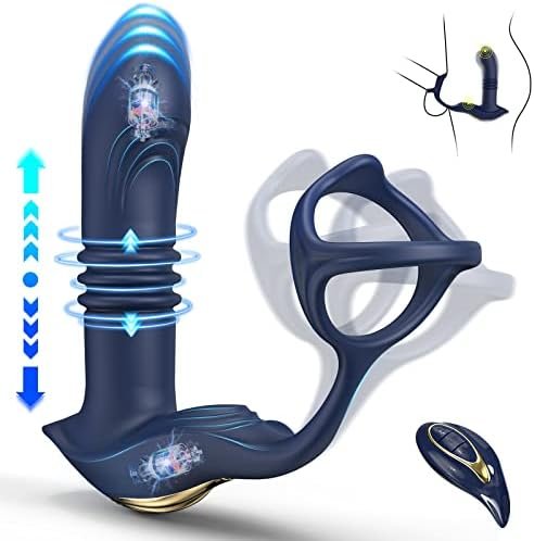 Thrusting Anal Vibrators Prostate Massager With Dual Cock Ring,Silicone Butt Plug 3 Thrusting Modes & 11 Vibration Modes Male Prostate Stimulator Toys,Sex Anal Toy For Men Women Couple Pleasure