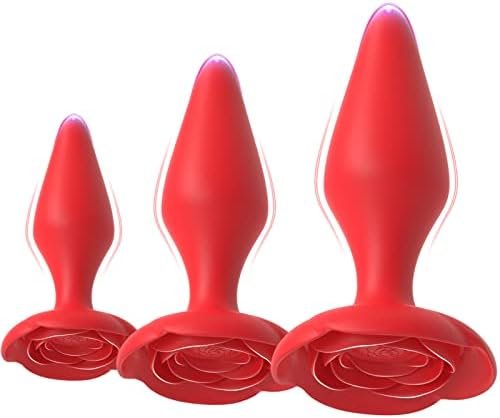 Silicone Anal Butt Plug Rose Sex Toy, Pack Of 3 Anal Training Set For Comfortable Long-Term Wear, Anal Sex Trainer For Beginners Advanced Users,Red