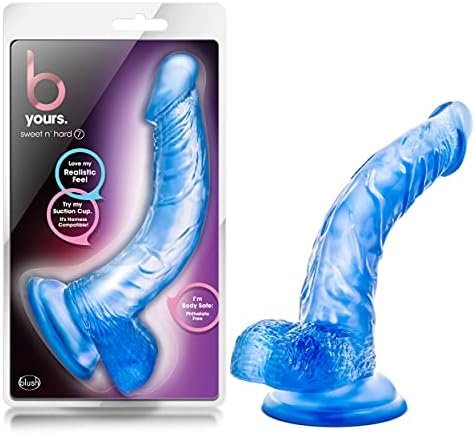 B Yours - Sweet N' Hard - 8.5" Realistic Feel G Spot Stimulating Curved Dildo - Cock & Balls Dong - Suction Cup Harness Compatible - Sex Toy For Women Adults - Blue