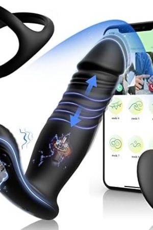 Thrusting Dildo Sex Toys Prostate Massager With Penis Ring Vibrating Cock Ring 6 Vibrating & 6 Thrusting Modes Anal Plug Male Sex Toys App & Remote Control Adult Sex Toys For Couples Black