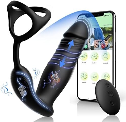 Thrusting Dildo Sex Toys Prostate Massager With Penis Ring Vibrating Cock Ring 6 Vibrating & 6 Thrusting Modes Anal Plug Male Sex Toys App & Remote Control Adult Sex Toys For Couples Black