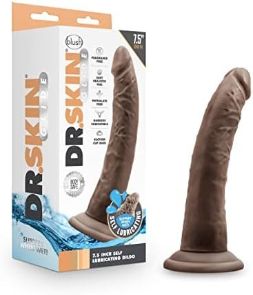 Blush Dr. Skin Glide - 7.5 Inch Self Lubricating Feels Like Skin Soft Realistic Dildo - Slim 1.5 Inch Thick - Sturdy Strap On Compatible Suction Cup For Hands Free Play - Sex Toy For Women Men - Brown