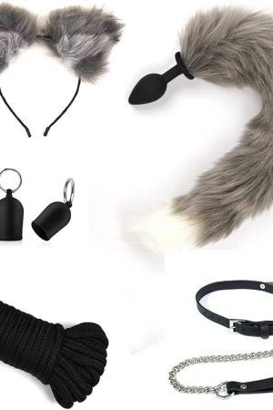 Cosplay Flirt Animal Tail Set/Anal Plug Fox Tail Female Sex Toy/Ear Hairpin/Breast Pump/Butt Plug-Gray