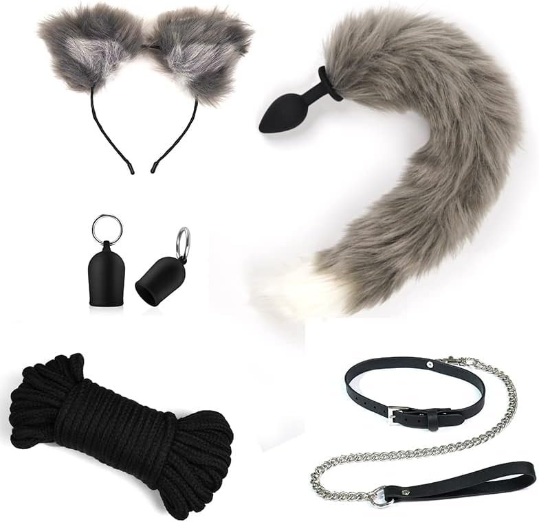 Cosplay Flirt Animal Tail Set/Anal Plug Fox Tail Female Sex Toy/Ear Hairpin/Breast Pump/Butt Plug-Gray
