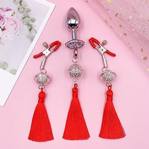 Bell Tassel Nipple Clips With Anal Butt Plug Adjustable Non Piercing Breast Nipple Clamps Anal Plug Body Accessories Jewelry (Black) - Image 2