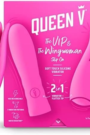 Queen V The Vip & The Wingwoman Slip On, Adult Sex Toy For Woman, 2 In 1: Multi-Speed Vibrator + Flutter Tip Slip On, Usb Rechargeable, Water Resistant, Soft Touch Silicone Personal Massager
