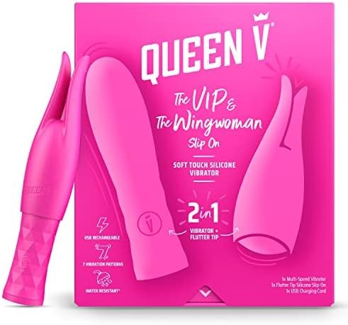 Queen V The Vip & The Wingwoman Slip On, Adult Sex Toy For Woman, 2 In 1: Multi-Speed Vibrator + Flutter Tip Slip On, Usb Rechargeable, Water Resistant, Soft Touch Silicone Personal Massager