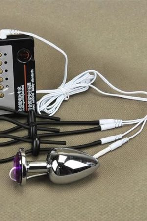 Purple Gemstone Base Metal Anal Plug Bullet Electric Shock Anal Plug Set With 3 Stretchable Penis Ring Sex Toys