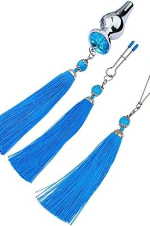 Sm Metal Stainless Steel Anal Plug Blue Jewelry Base Adult Product Tassel Pendant Anal Plug Breast Clip Set(L)