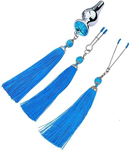 Sm Metal Stainless Steel Anal Plug Blue Jewelry Base Adult Product Tassel Pendant Anal Plug Breast Clip Set(L)
