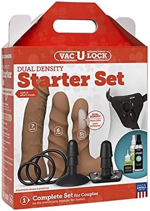 Doc Johnson Vac-U-Lock - Vibrating Dual Density Starter Set With Wireless Remote - 3 Smaller Dildos, Harness, Vul Vibrating Plug, Vul 360 Swivel Suction Cup, Toy Cleaner, Lube - Pegging, Caramel - Image 3