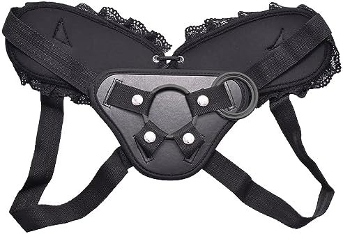 Asnoknae Adjustable Strap On Harness, Plus Size Strap On Harness For Women, Strapless And Wearable Dildo Harness, With 3 Different Sized O-Rings, Elegant Lace Ruffle Back Panel, Maximum Waist 59"